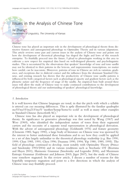Issues in the Analysis of Chinese Tone Jie Zhang* Department of Linguistics, the University of Kansas