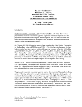Reasons for Decision Ministerial Approval Ministerial Change Approval Pursuant to Section 16(2)(C) the Environmental Assessment Act