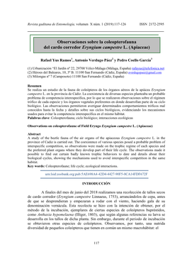 Observaciones Sobre La Coleopterofauna Del Cardo Corredor Eryngium Campestre L. (Apiaceae)