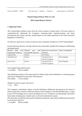 Yantai Changyu Pioneer Wine Co. Ltd. 2019 Annual Report Abstract 1