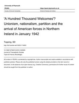 Unionism, Nationalism, Partition and the Arrival of American Forces in Northern Ireland in January 1942