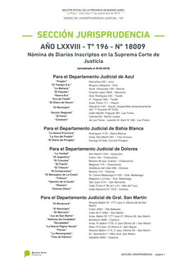 SECCIÓN JURISPRUDENCIA AÑO LXXVIII - Tº 196 - Nº 18009 Nómina De Diarios Inscriptos En La Suprema Corte De Justicia