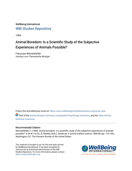 Animal Boredom: Is a Scientific Study of the Subjective Experiences of Animals Possible?