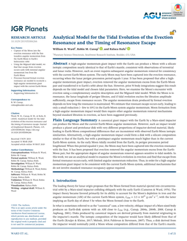 Analytical Model for the Tidal Evolution of the Evection 10.1029/2019JE006266 Resonance and the Timing of Resonance Escape Key Points: William R