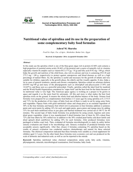 Nutritional Value of Spirulina and Its Use in the Preparation of Some Complementary Baby Food Formulas