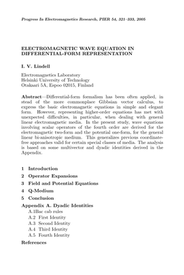 ELECTROMAGNETIC WAVE EQUATION in DIFFERENTIAL-FORM REPRESENTATION I. V. Lindell Electromagnetics Laboratory Helsinki University