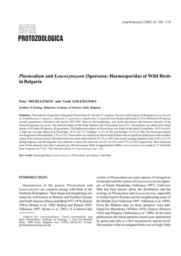 Plasmodium and Leucocytozoon (Sporozoa: Haemosporida) of Wild Birds in Bulgaria