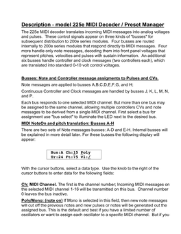 Model 225E MIDI Decoder / Preset Manager the 225E MIDI Decoder Translates Incoming MIDI Messages Into Analog Voltages and Pulses