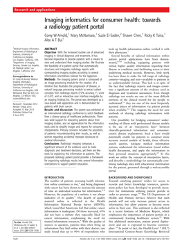 Towards a Radiology Patient Portal Corey W Arnold,1 Mary Mcnamara,1 Suzie El-Saden,2 Shawn Chen,1 Ricky K Taira,1 Alex a T Bui1