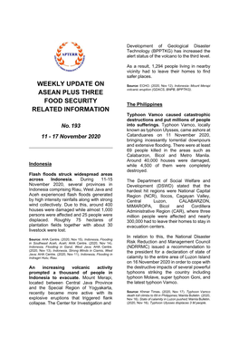 Weekly Update on ASEAN Plus Three Food Security Related Information Is Based on All Available Sources During the Period