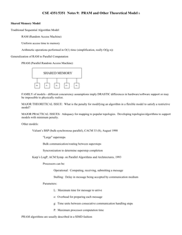 CSE 4351/5351 Notes 9: PRAM and Other Theoretical Model S