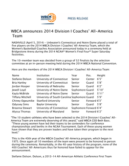 WBCA Announces 2014 Division I Coaches' All-America Team 2013