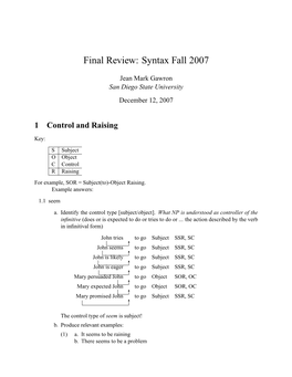 Final Review: Syntax Fall 2007