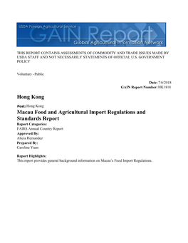 Macau Food and Agricultural Import Regulations and Standards Report