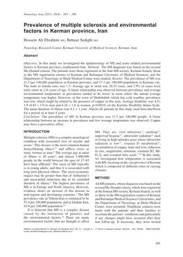 Prevalence of Multiple Sclerosis and Environmental Factors in Kerman Province, Iran