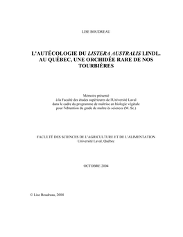 L'autécologie Du Listera Australis Lindl. Au Québec, Une Orchidée Rare De Nos Tourbières