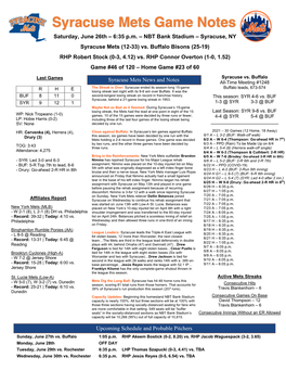 June 26Th Syracuse Mets Game Notes Vs. Buffalo Bisons