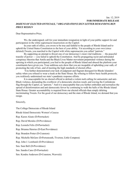 Jan. 12, 2019 for IMMEDIATE RELEASE DOZENS of ELECTED OFFICIALS, 7 ORGANIZATIONS SIGN LETTER DEMANDING REP