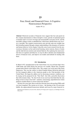 Fear, Greed, and Financial Crises: a Cognitive Neurosciences Perspective Andrew W