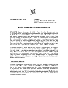 WWE® Reports 2010 Third Quarter Results