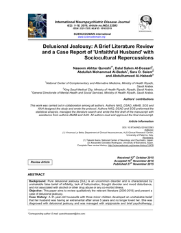 Delusional Jealousy: a Brief Literature Review and a Case Report of 'Unfaithful Husband' with Sociocultural Repercussions