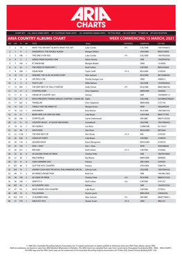 ARIA COUNTRY ALBUMS CHART WEEK COMMENCING 15 MARCH, 2021 TW LW TI HP TITLE Artist CERTIFIED COMPANY CAT NO