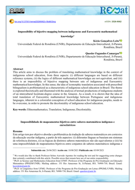 Impossibility of Bijective Mapping Between Indigenous and Eurocentric Mathematical Knowledge1 Kécio Gonçalves Leite2 Universid