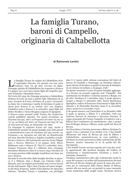 La Famiglia Turano, Baroni Di Campello, Originaria Di Caltabellotta