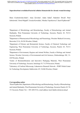 Superabsorbent Crosslinked Bacterial Cellulose Biomaterials for Chronic Wound Dressings