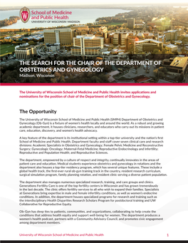 THE SEARCH for the CHAIR of the DEPARTMENT of OBSTETRICS and GYNECOLOGY Madison, Wisconsin