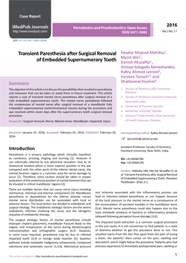 Transient Paresthesia After Surgical Removal of Embedded Supernumerary Tooth