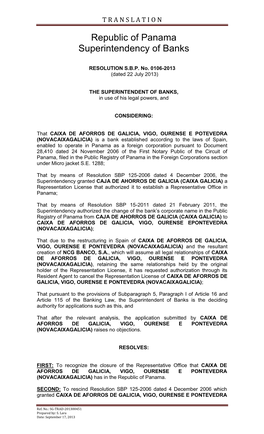 Republic of Panama Superintendency of Banks