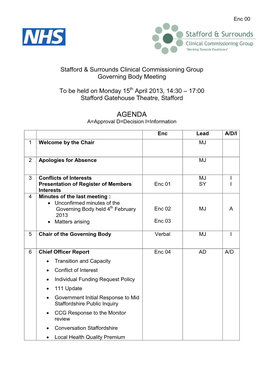 Stafford & Surrounds Clinical Commissioning Group Governing Body Meeting to Be Held on Monday 15