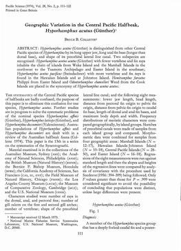 Geographic Variation in the Central Pacific Halfbeak, Hyporhamphus Acutus (Gunther)I