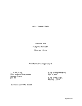 Of 20 PRODUCT MONOGRAPH FLURBIPROFEN Flurbiprofen Tablets BP 50 Mg and 100 Mg Anti-Inflammatory, Analgesic Agent AA PHARM