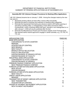Department of Financial Institutions Summary of Pending Applications As of November 2010