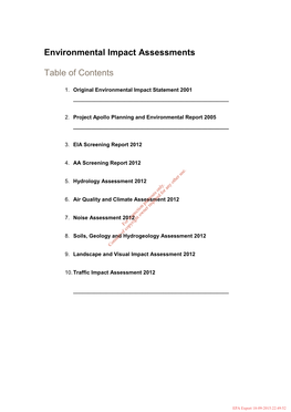 Environmental Impact Assessments Table of Contents