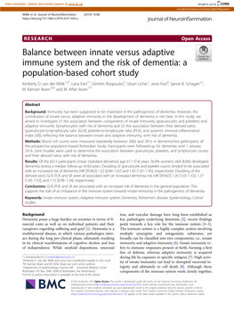 Balance Between Innate Versus Adaptive Immune System and the Risk of Dementia: a Population-Based Cohort Study Kimberly D