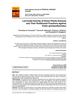 Larvicidal Activity of Some Plants Extracts and Their Partitioned Fractions Against Culex Quinquefasciatus