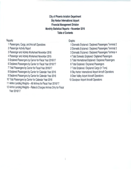 City of Phoenix Aviation Department Sky Harbor International Airport Financial Management Division Monthly Statistical Reports - November 2016 Table of Contents