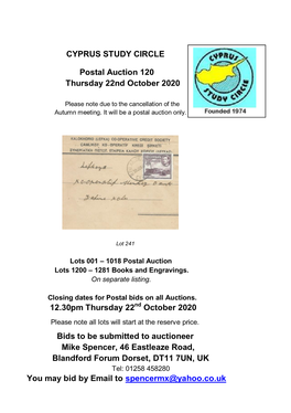 CYPRUS STUDY CIRCLE Postal Auction 120 Thursday 22Nd