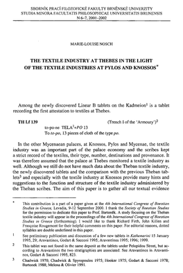 The Textile Industry at Thebes in the Light of the Textile Industries at Pylos and Knossos*