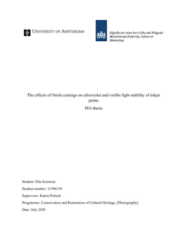 The Effects of Finish Coatings on Ultraviolet and Visible Light Stability of Inkjet Prints MA Thesis