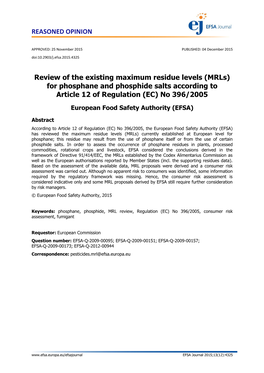 (Mrls) for Phosphane and Phosphide Salts According to Article 12 of Regulation (EC) No 396/2005