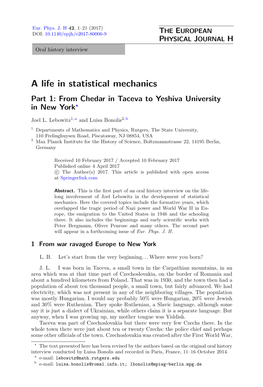 A Life in Statistical Mechanics Part 1: from Chedar in Taceva to Yeshiva University in New York