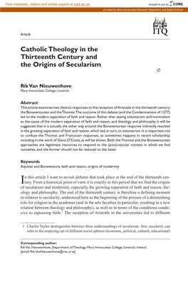 Catholic Theology in the Thirteenth Century and the Origins of Secularism