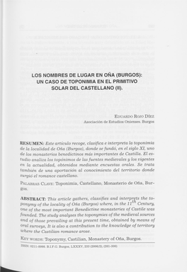 Los Nombres De Lugar En Oña (Burgos): Un Caso De Toponimia En El Primitivo Solar Del Castellano (Ii)