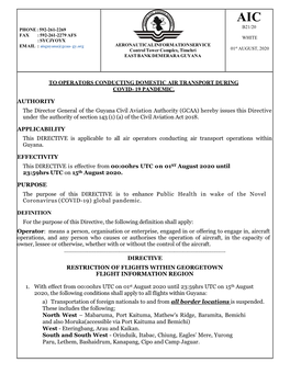 To Operators Conducting Domestic Air Transport During Covid- 19 Pandemic