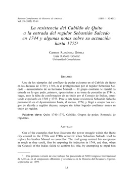 La Resistencia Del Cabildo De Quito a La Entrada Del Regidor Sebastián Salcedo En 1744 Y Algunas Notas Sobre Su Actuación Hasta 17751