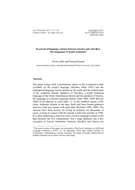 In Search of Language Contact Between Jarawa and Aka-Bea: the Languages of South Andaman1